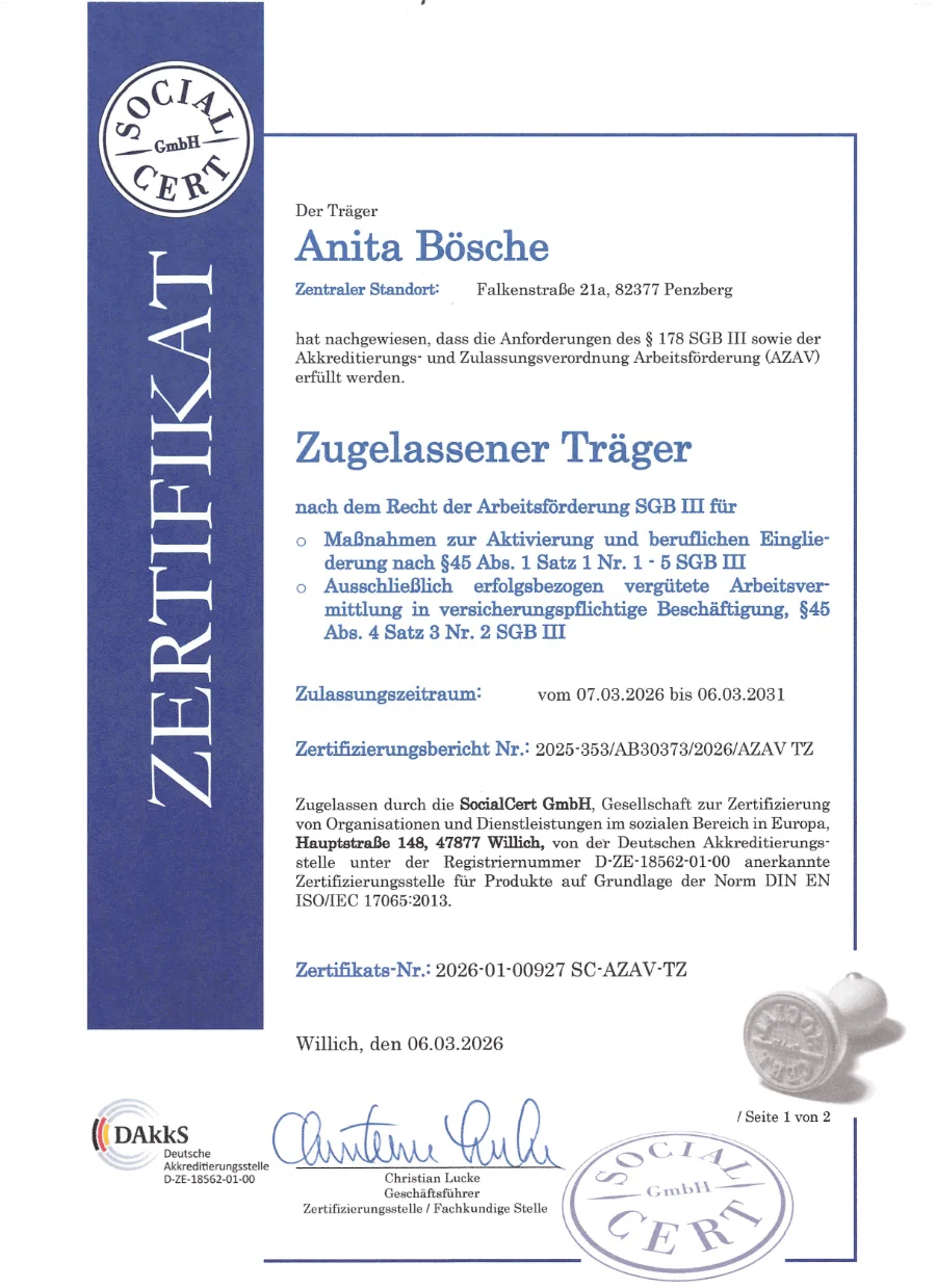 Zertifikat AZAV-Trägerzulassung